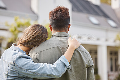 Buy stock photo Couple hug outside new home from back, property or future investment opportunity for young people. Mortgage, real estate and marriage, man and woman in backyard of house with love, embrace and moving