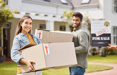 Buy stock photo Couple, boxes and portrait for new home, real estate and property, homeowner and outdoor neighborhood. Young and happy interracial people with cardboard, moving in dream house together and sold sign