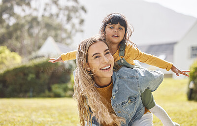 Buy stock photo Happy, airplane mother with girl child in a backyard playing, bond and celebrating freedom outdoor. Love, flying and piggyback for kid and mom in a garden with care, trust and smile, support and joy