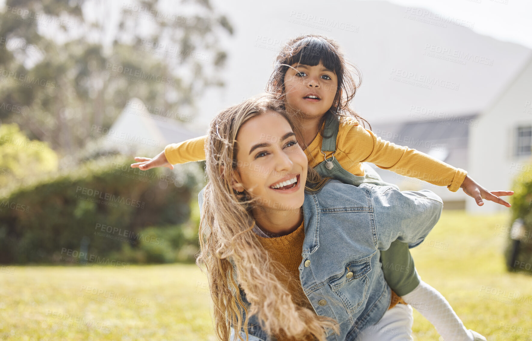 Buy stock photo Happy, airplane mother with girl child in a backyard playing, bond and celebrating freedom outdoor. Love, flying and piggyback for kid and mom in a garden with care, trust and smile, support and joy