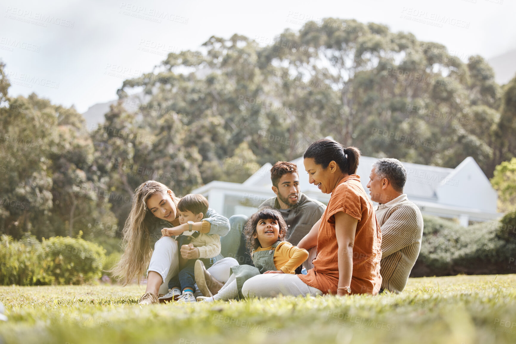 Buy stock photo Happy, big family and garden of new home with love, support and grandparents with parents and kids. Backyard, smile and moving of mother, father and children together with bonding outdoor and field