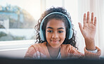 Elearning, headphones and student on video call for online lesson for education or knowledge. Home school, technology and young girl child wave for hello on virtual class on laptop at her house.