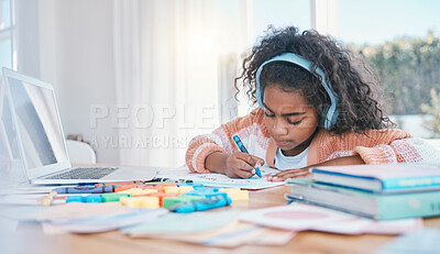 Buy stock photo Girl child, student and education, elearning with headphones and laptop, drawing or color with studying. School, scholarship and online learning with young kid, audio and books with writing at home