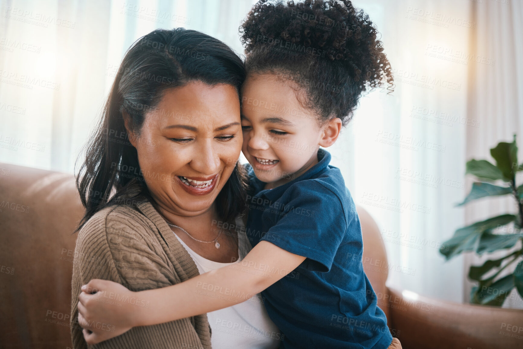 Buy stock photo Love, mother and child hug happy with care on a home couch together bonding as family with comfort and trust. Parent, playing and kid with mom in living room as happiness growth and development