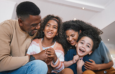 Buy stock photo Family, parents and children on sofa with smile for bonding, healthy relationship and love. Home, living room and happy mother, father and kids laughing together for happiness, joy and relax on couch