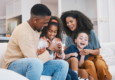 Buy stock photo Thumb war, happy family and living room sofa with love, support and fun with parents and kids. Home, mother and father with children and funny joke on a lounge couch with black people and game