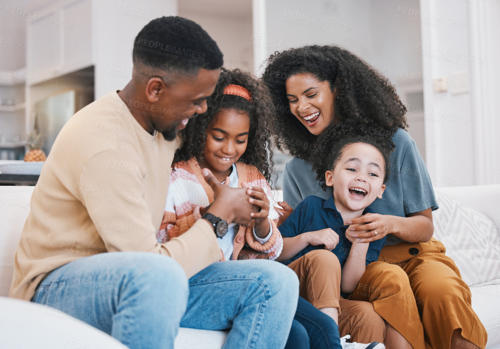 Buy stock photo Thumb war, happy family and living room sofa with love, support and fun with parents and kids. Home, mother and father with children and funny joke on a lounge couch with black people and game