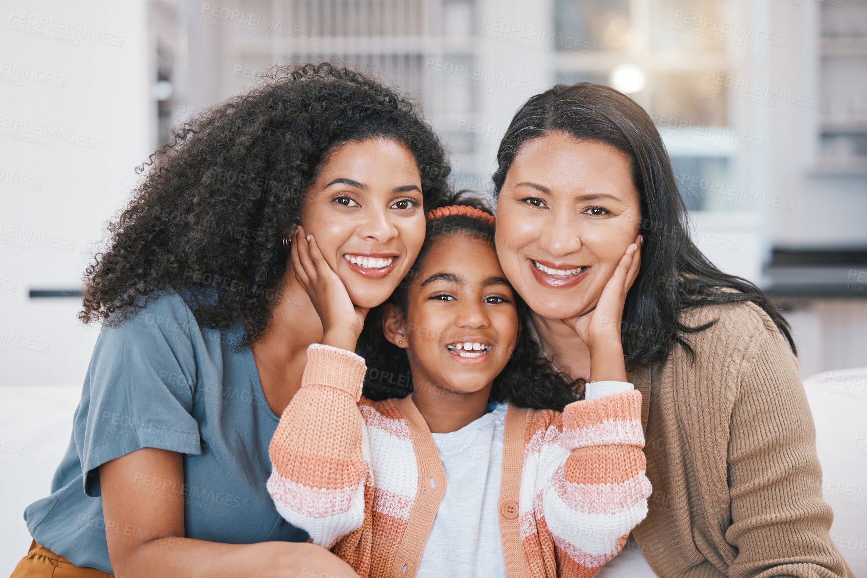 Buy stock photo Portrait, mother and grandma of happy child in home living room bonding on sofa. Face, mom and grandmother of girl in lounge, smile and family having fun together in care, love and relax in house