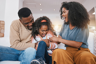 Buy stock photo Family, parents and girl laugh on sofa for bonding, healthy relationship and love in living room. Home, tickle and happy mother, father and daughter together for happiness, playing and relax on couch