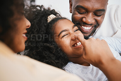 Buy stock photo Touch nose, parents and girl in home playing together for bonding, healthy relationship and fun. Happy family, love and mother, father and child cuddle, embrace and relaxing in bedroom on weekend