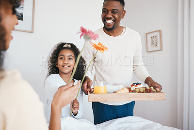 Buy stock photo Mothers day, breakfast and mom in bed with happy family with dad and child together in home with love, care and brunch tray. Surprise, father and girl with food in bedroom for special celebration