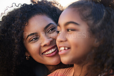 Buy stock photo Mother, kid and smile outdoor together, bonding and having fun for healthy relationship. Happy mom, young girl and child with care, love and trust in support for connection of mama, family and play.