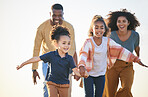 Nature freedom, sky and happy family running, fun race and play games, chase children and connect. Siblings, speed and fast kids holding hands, energy and bonding mother, father or parents together