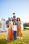 Kids, grandparents and parents outdoor at a house laughing together on funny vacation in summer. Interracial family at a holiday home with happiness of men, women and children for generation portrait