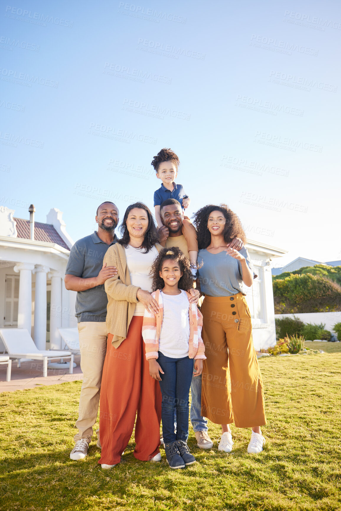 Buy stock photo Kids, grandparents and parents outdoor at a house laughing together on funny vacation in summer. Interracial family at a holiday home with happiness of men, women and children for generation portrait