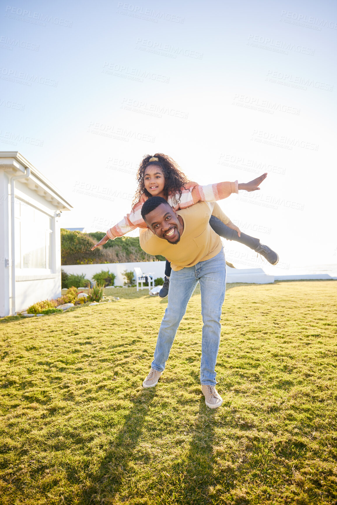 Buy stock photo Father, girl child and piggy back for plane on grass, garden or outdoor in summer, bonding and portrait. Dad, kid and happy for game, love and care in backyard, park or field for airplane in sunshine