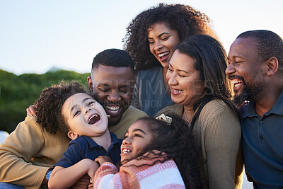 Buy stock photo Children, parents and grandparents laughing outdoor at park to relax for summer vacation. African men, women and kids or funny family together for holiday with love, care and fun bonding in nature