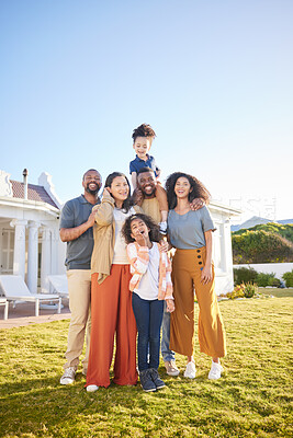 Buy stock photo Parents, grandparents and children outdoor portrait at house laughing together on funny vacation in summer. Interracial family at a holiday home with happiness of men, women and kids with sky banner