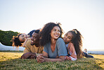 Grass, happy and family relax on vacation, bonding and having fun together on mockup space. Children, smile and interracial parents with kids in nature to travel on holiday, care and love outdoor