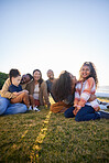 Beach, happy and family relax on holiday, bonding and having fun together on grass on mockup space. Grandparents, smile and interracial parents with kids at ocean to travel on vacation, care and love