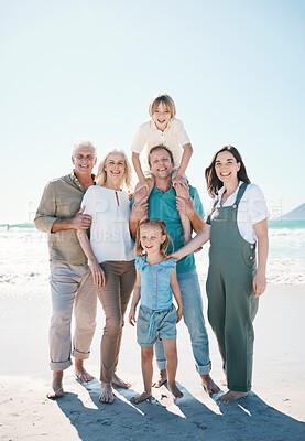 Buy stock photo Big family, grandparents portrait or happy kids at sea to relax or travel on beach holiday together. Dad, mom or children siblings love bonding with senior grandmother or grandfather in Australia