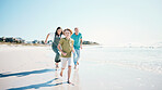Running, travel and happy with family on beach for energy, freedom and summer vacation. Love, relax and adventure with people playing on seaside holiday for health, bonding and games together