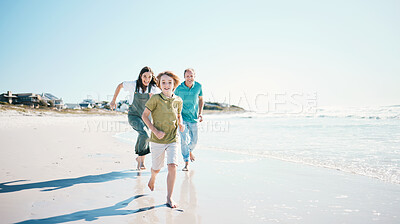 Buy stock photo Running, travel and happy with family on beach for energy, freedom and summer vacation. Love, relax and adventure with people playing on seaside holiday for health, bonding and games together