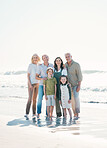 Walking, beach and portrait of family generations together on vacation, holiday or tropical weekend trip. Happy, travel and children with parents and grandparents bonding by the ocean in Australia.