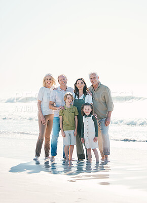 Buy stock photo Happy, beach and portrait of family generations together on vacation, holiday or tropical weekend trip. Smile, travel and children with parents and grandparents bonding by the ocean in Australia.