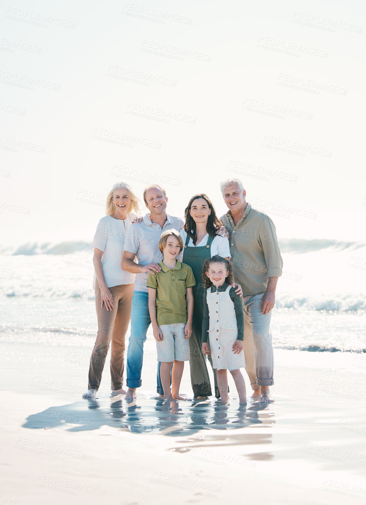 Buy stock photo Happy, beach and portrait of family generations together on vacation, holiday or tropical weekend trip. Smile, travel and children with parents and grandparents bonding by the ocean in Australia.