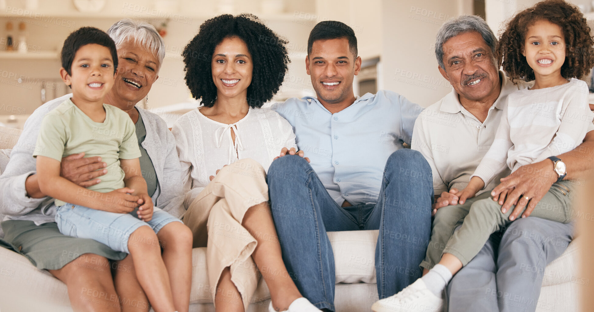 Buy stock photo Portrait, grandparents and mother with father, children and home with happiness, bonding and relax. Big family, old man and senior woman with mama, dad and kids on a couch, love and care with support