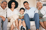 Portrait, grandparents and mother with father, kid and home with happiness, support and generations. Big family, old man and senior woman with mama, dad and child on a sofa, love or bonding with care