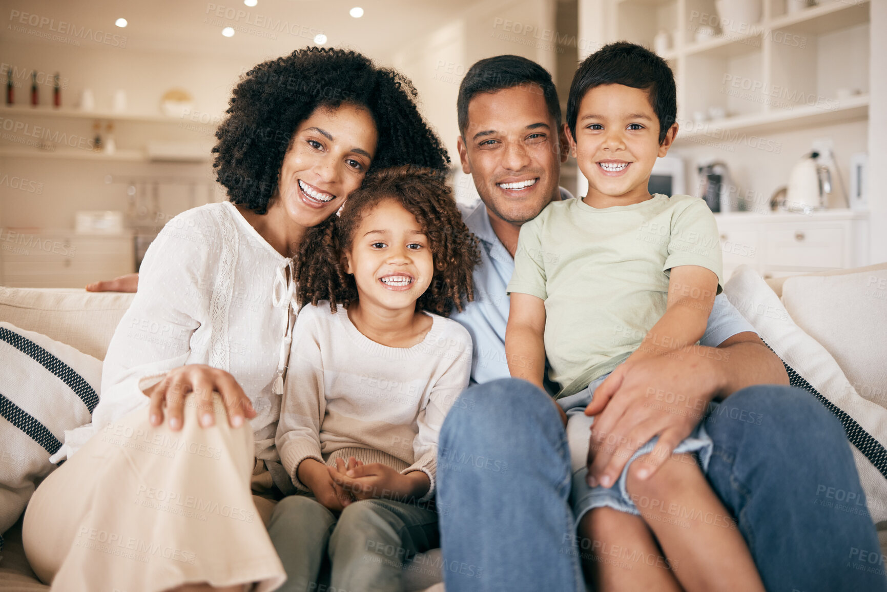 Buy stock photo Family, parents and portrait of kids on sofa smile for bonding, healthy relationship and relax. Happy, home and mother, father and children hug, embrace and cuddle for trust, support and love