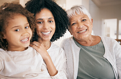 Buy stock photo Portrait, grandmother and mama with girl, love and home with happiness, relax and bonding. Face, granny and mom with child, kid and cheerful with weekend break, vacation and generations with support