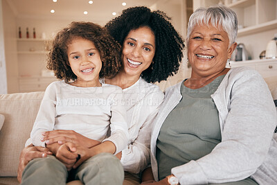 Buy stock photo Portrait, mother or kid with grandma on sofa for bonding, healthy relationship or relax in family home. Smile, wellness or happy grandmother with mom or child in lounge with trust, support or love 