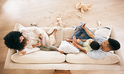 Happy family, sofa and relax in bonding, love or support together in living room above at home. Top view of mother, father and children enjoying holiday break, weekend or day off on lounge couch