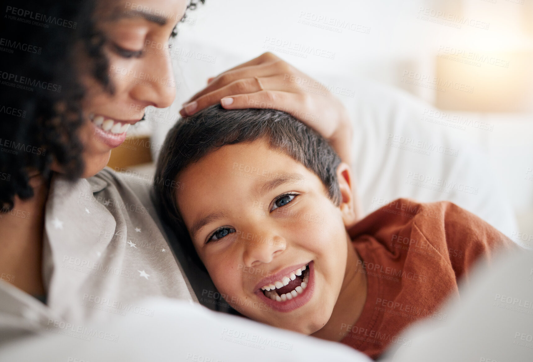 Buy stock photo Happy, mom and portrait of child in bed with happiness, freedom and together in morning, weekend or relax on holiday. Face, smile and mother with son in family home, bedroom or profile picture post