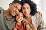 Portrait, love and smile with a family in the bedroom of their home together in the morning. Face, happy or relax with a mother, father and son in bed on the weekend during summer vacation or holiday