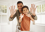 Father, child and cleaning hands, soap in bathroom with hygiene and skincare in portrait with morning routine. Foam, palm and health, man and boy at family home, handwashing and germs with wellness