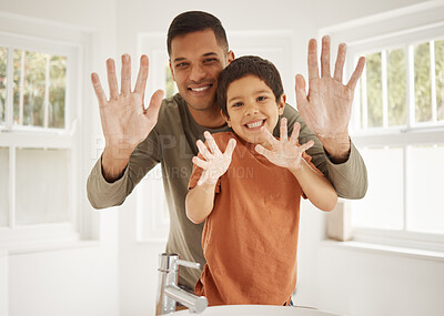 Buy stock photo Father, child and cleaning hands, soap in bathroom with hygiene and skincare in portrait with morning routine. Foam, palm and health, man and boy at family home, handwashing and germs with wellness