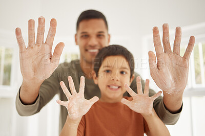 Buy stock photo Father, kid and cleaning hands, soap in bathroom with hygiene and skincare in portrait with morning routine. Foam, palm and health, man and boy at family home, handwashing and germs with wellness