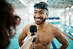 Athlete man, news interview and microphone at swimming competition with smile, kindness and talking to reporter. Swimmer, journalist and questions by water, pool or happy for media network on tv show