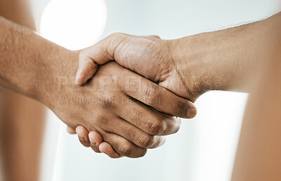 Buy stock photo Partnership, shaking hands in support and fitness with people in competition, challenge and closeup. Handshake, teamwork and collaboration of athlete, agreement and support in cooperation at meeting