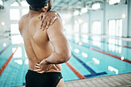 Back injury, swimming and sports person hurt, workout mistake or training fatigue, anatomy problem or fibromyalgia risk. Athlete pain, medical emergency and waterpolo player  massage muscle accident