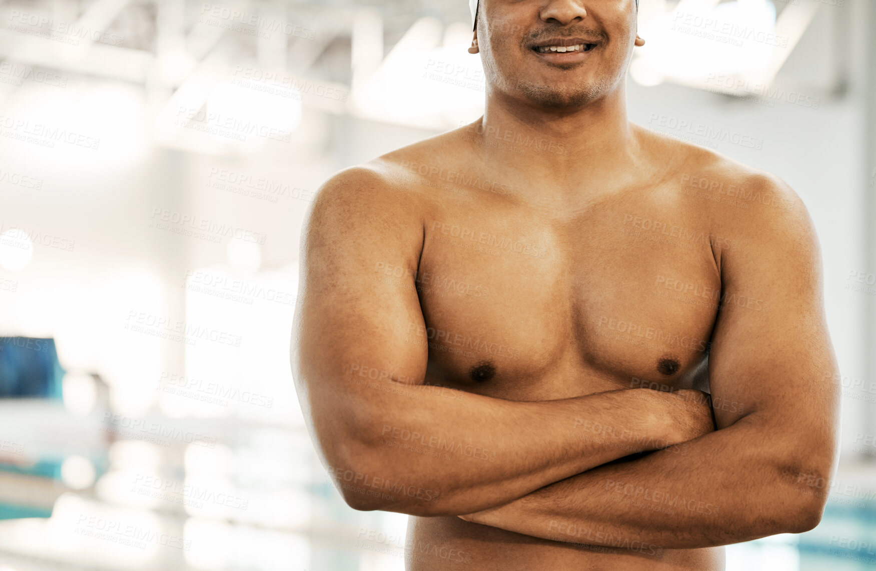 Buy stock photo Man, shirtless and swimmer the arms crossed at pool, fitness and professional athlete with fitness. Exercise, aquatic sports and confidence with mockup space, bare chest and swimming with training