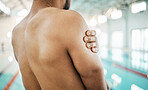 Shoulder injury, swimming and sports person problem, workout mistake or training fatigue, tired or burnout risk. Joint pain, medical emergency and back of swimmer massage muscle, strain or arm bruise