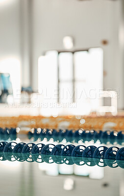 Buy stock photo Swimming pool, sport lane lines and plastic water divider for workout and training race in gym. Sports, fitness and exercise for competition in a health, wellness and club equipment for game