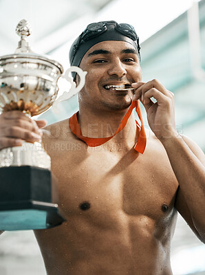 Buy stock photo Sports winner, swimming trophy and man portrait with competition success, achievement goal and winning race. Medal, athlete and swimmer with prize, pride and champion bite award at challenge event   