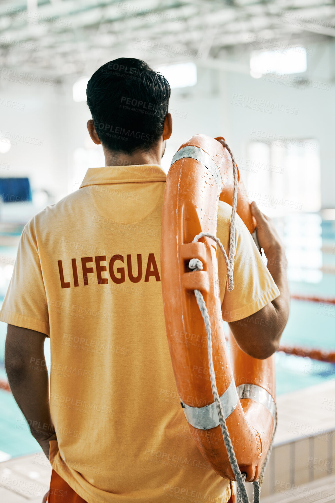 Buy stock photo Swimming pool lifeguard and person with lifebuoy safety equipment and watch for rescue support, help or service. Surveillance, attention and back of expert for emergency assistance for public danger