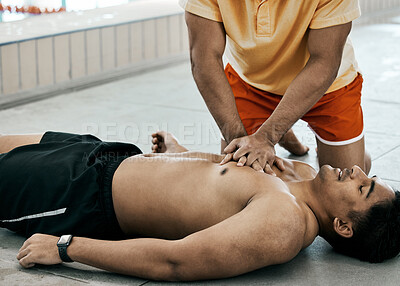 Buy stock photo Cpr, first aid and rescue with people at swimming pool for healthcare, emergency and safety. Paramedic, helping and medical with lifeguard saving man for breathing, danger and drowning accident